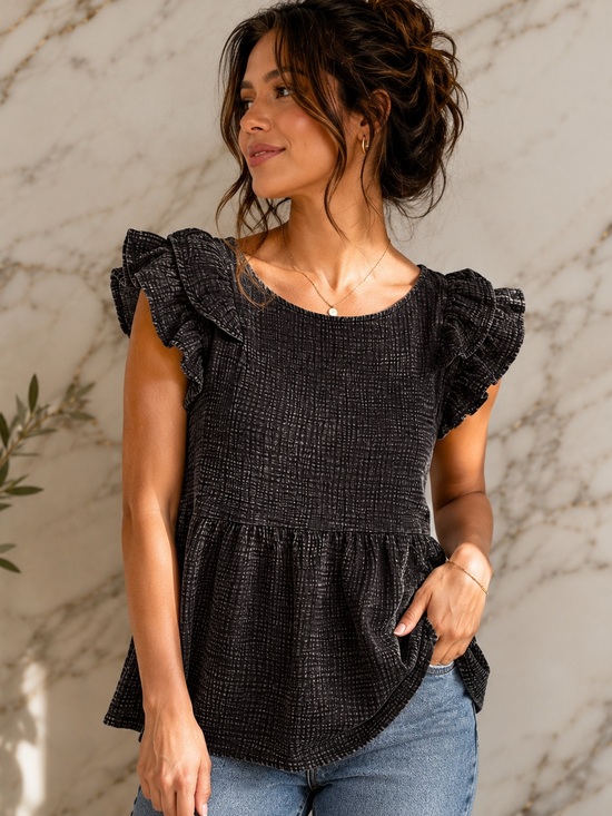 Zenana Outfitters Tops - Zenana Cotton Double Gauze Ruffle Sleeve Babydoll Top Boho Cottagecore